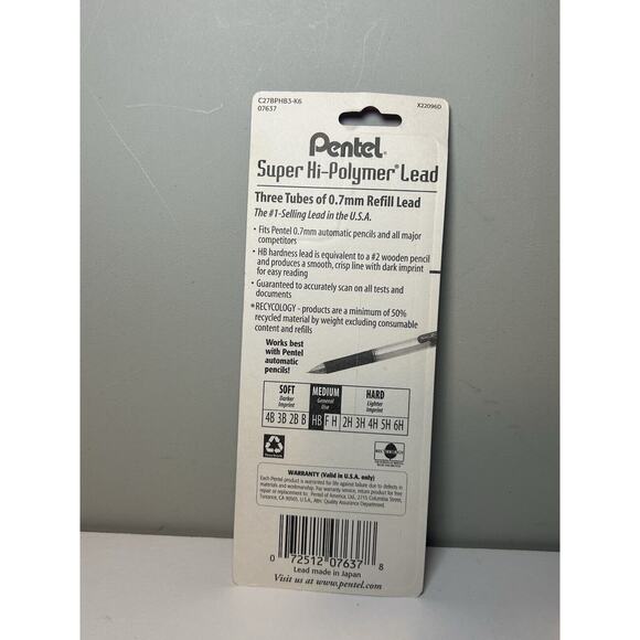 PENTEL SUPER HI-POLYMER LEAD REFILLS, 0.7mm,HB,30/TUBE, 3 TUBES - Picture 2 of 2